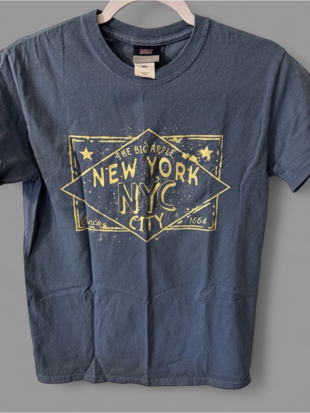 MV Sport Navy Blue Short Sleeve Tee with Yellow New York NYC Graphic